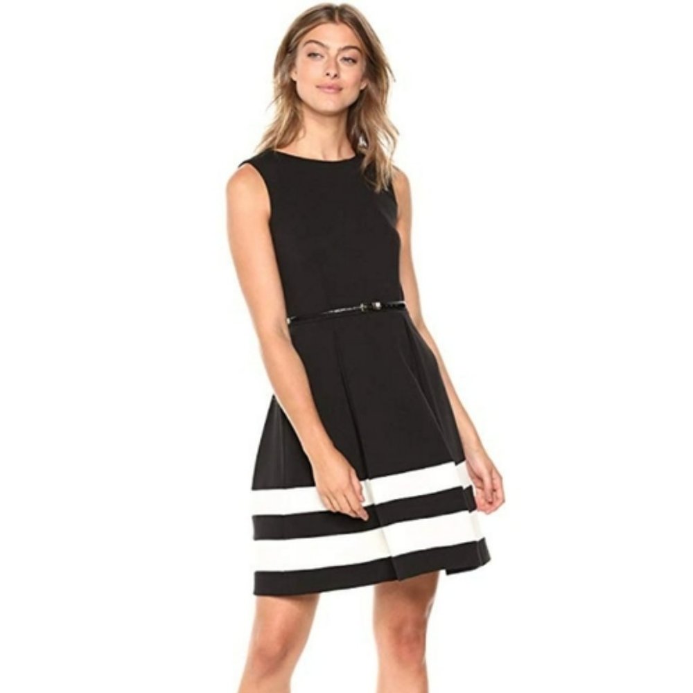 Calvin Klein Fit & Flare black and white dress w/ belt